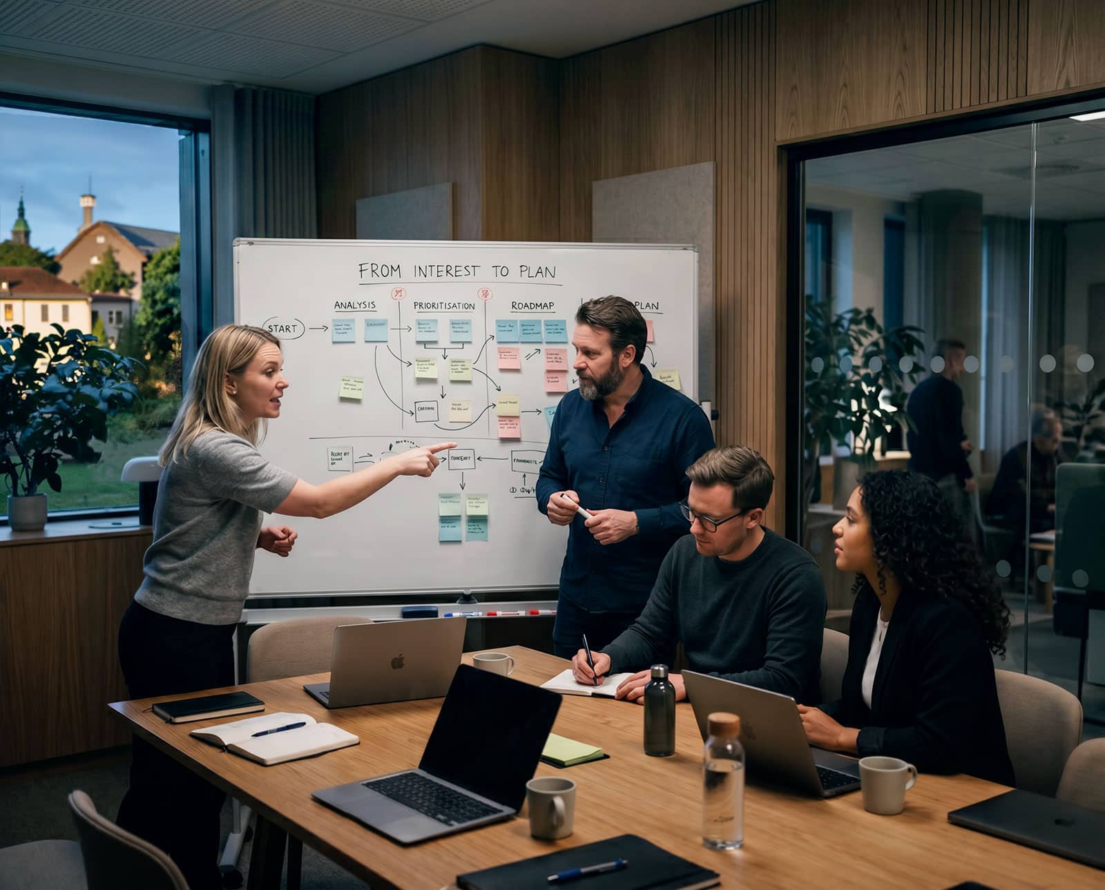 Team som arbetar i workshop och diskuterar AI‑strategi kring whiteboard med post‑its