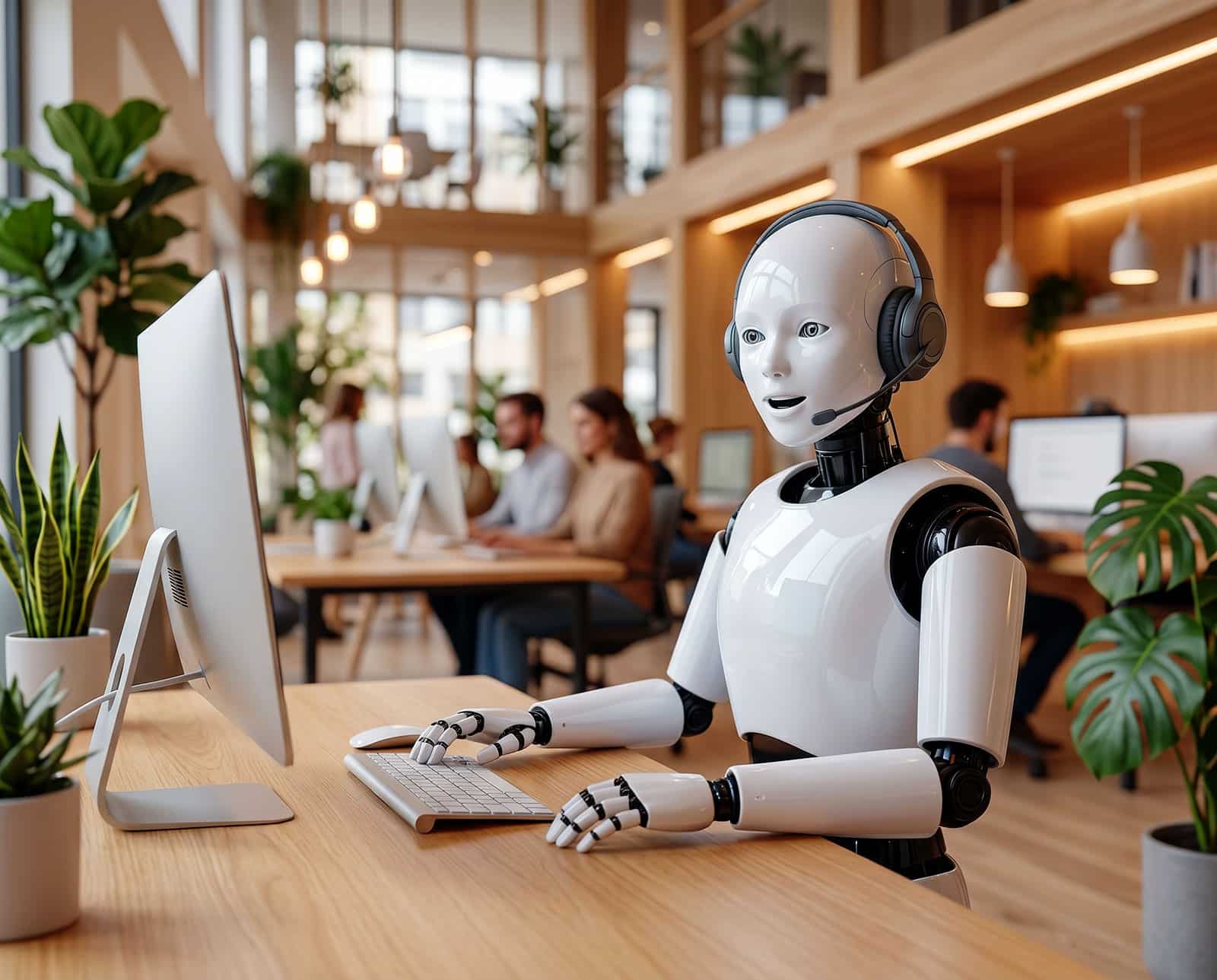 Glad AI-robot med headset som arbetar som digital telefonreceptionist i ett modernt kontorslandskap.