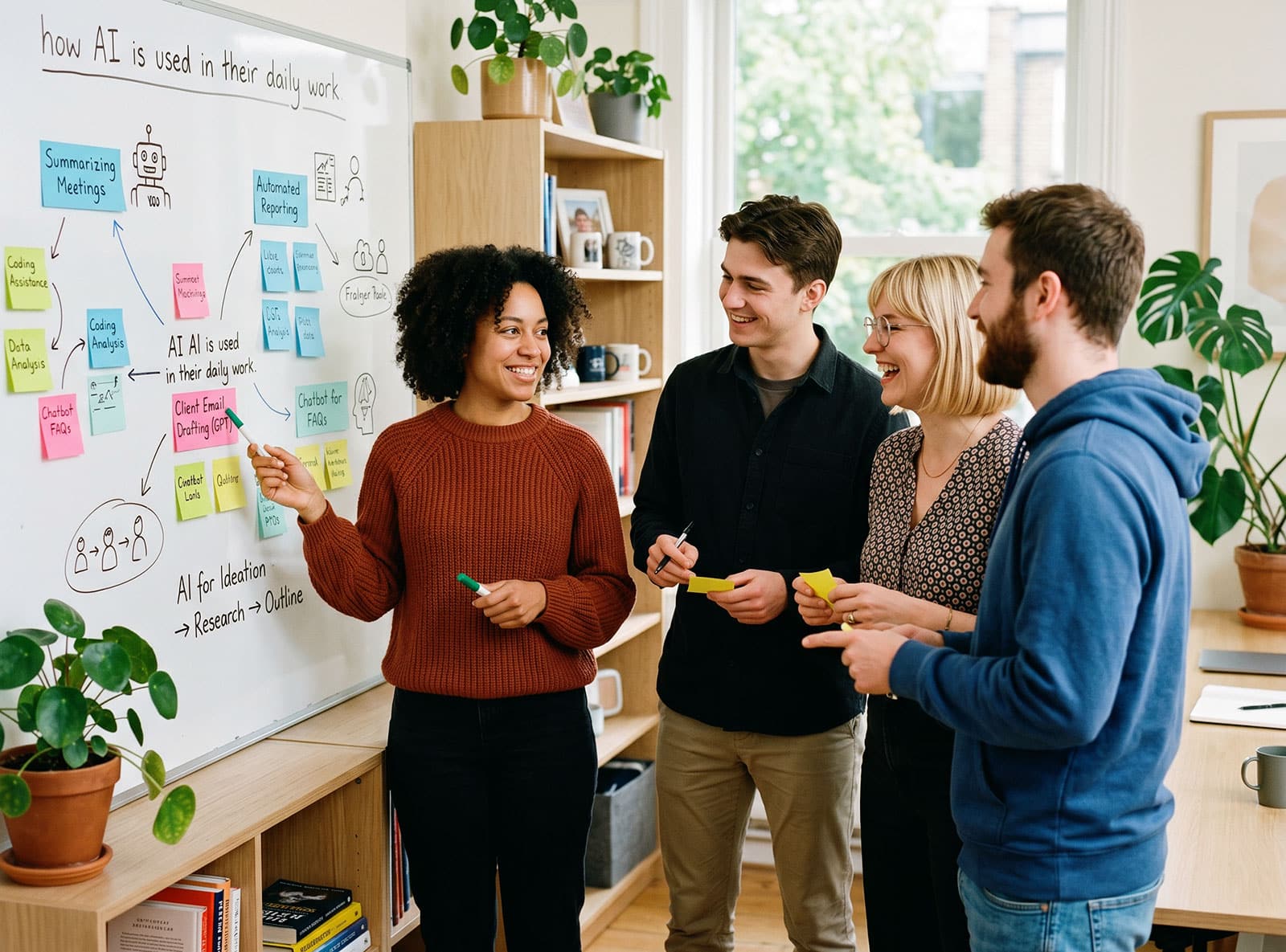 Personer vid en whiteboard som planerar och strukturerar organisationens AI-flöde.
