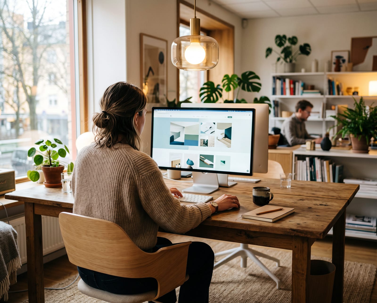 Kvinna sitter på sitt kontor och arbetar med sin webbplats på en dator i en modern arbetsmiljö med fokus på digital utveckling och webbstrategi.