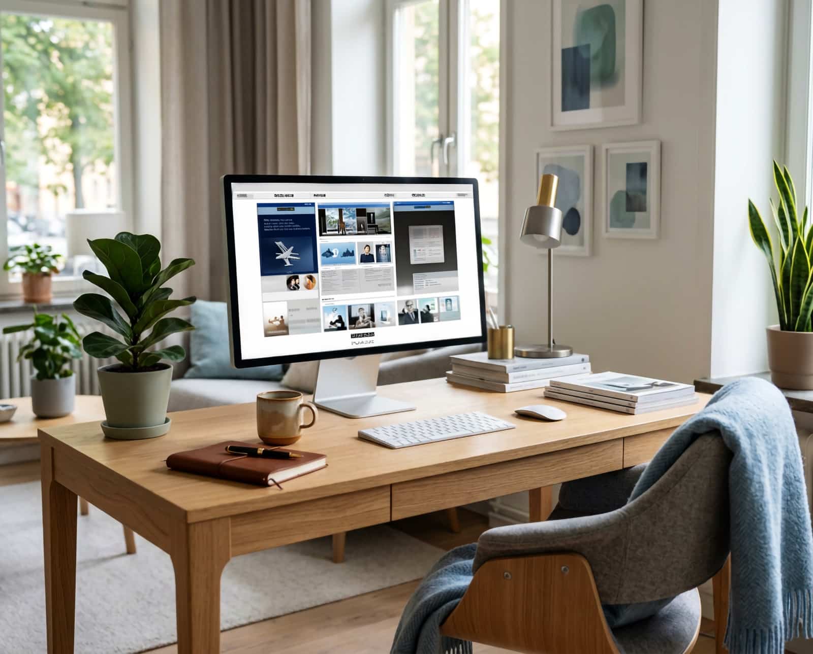 Skrivbord i hemmiljö med en dator som visar en webbplats i WordPress och symboliserar anpassad webbutveckling och digitala lösningar för företag.