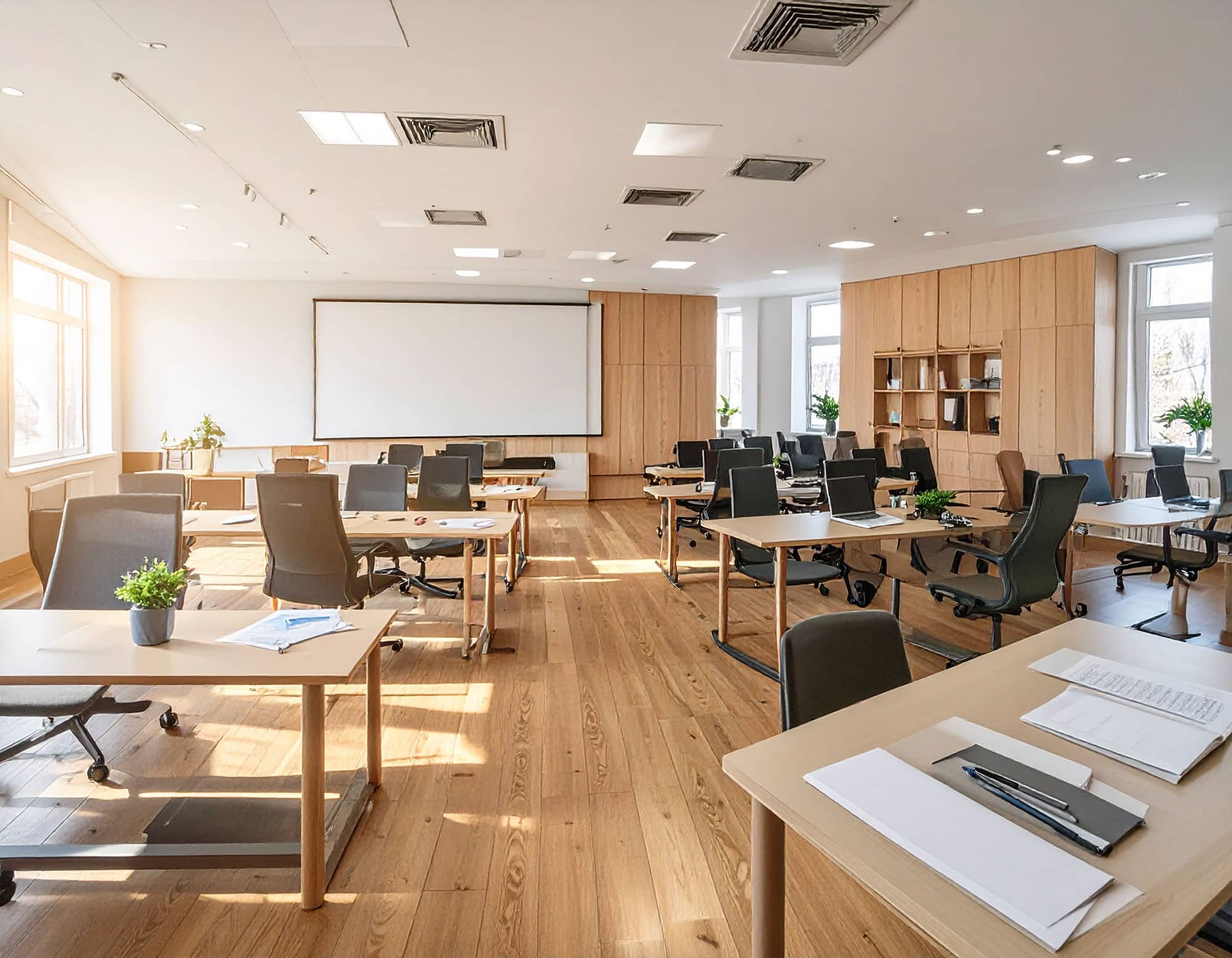 Modern kurslokal med arbetsplatser, laptops och stor whiteboard som illustrerar AI-agent för automatiserad framtagning av kursbeskrivningar inom utbildningsverksamheter.