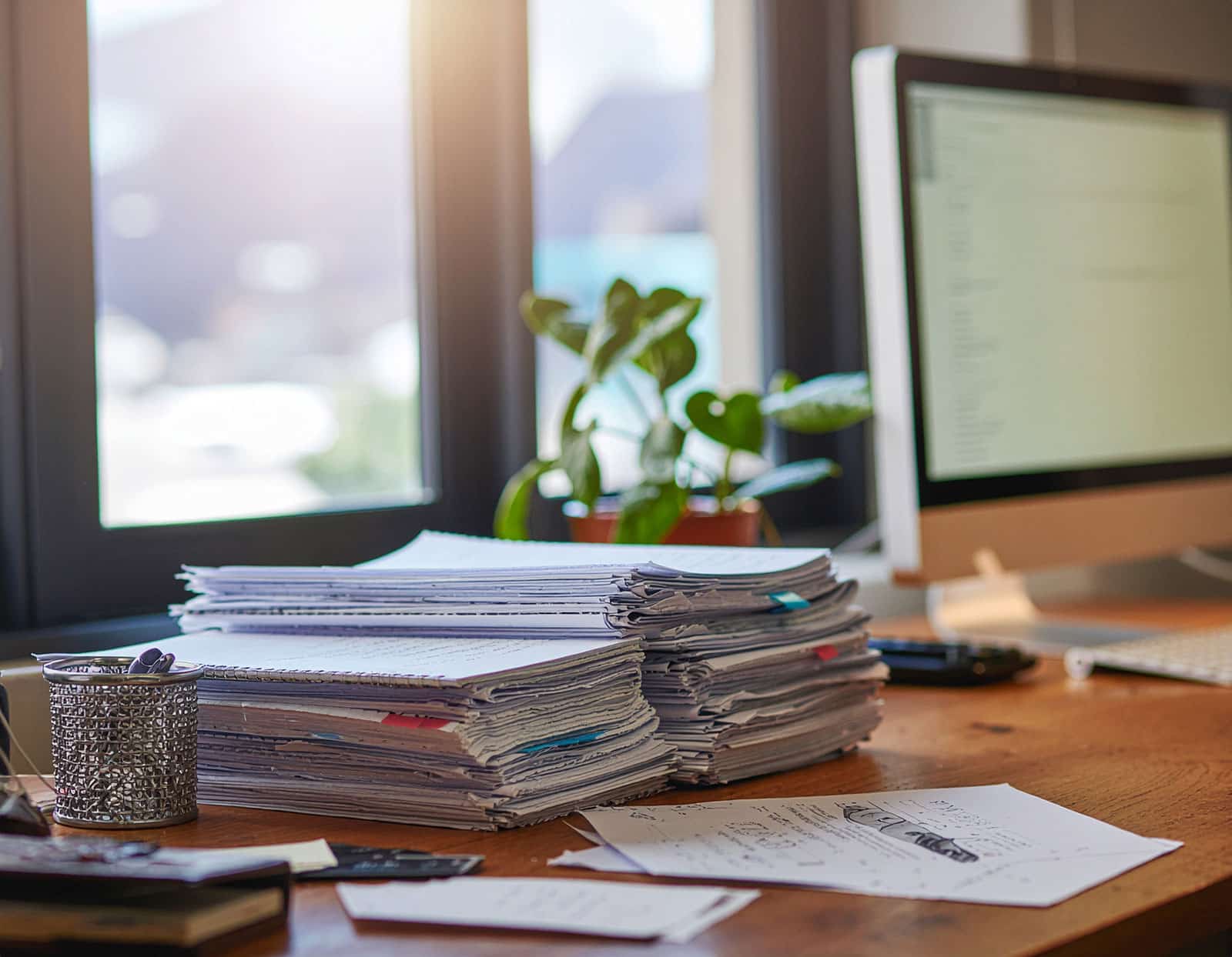 Manuellt administrativt arbete med dokument och datorskärm före automatisering av arbetsprocesser.