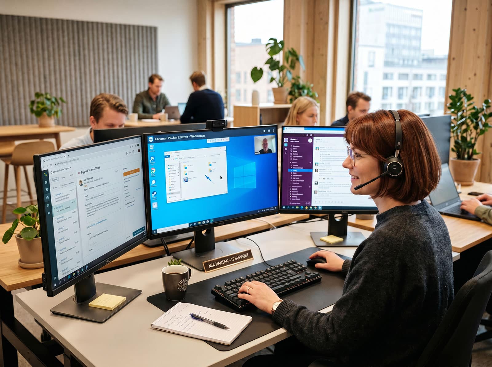 IT-supportspecialist hjälper kund via servicedesk med fjärrsupport och ärendehantering i modern kontorsmiljö