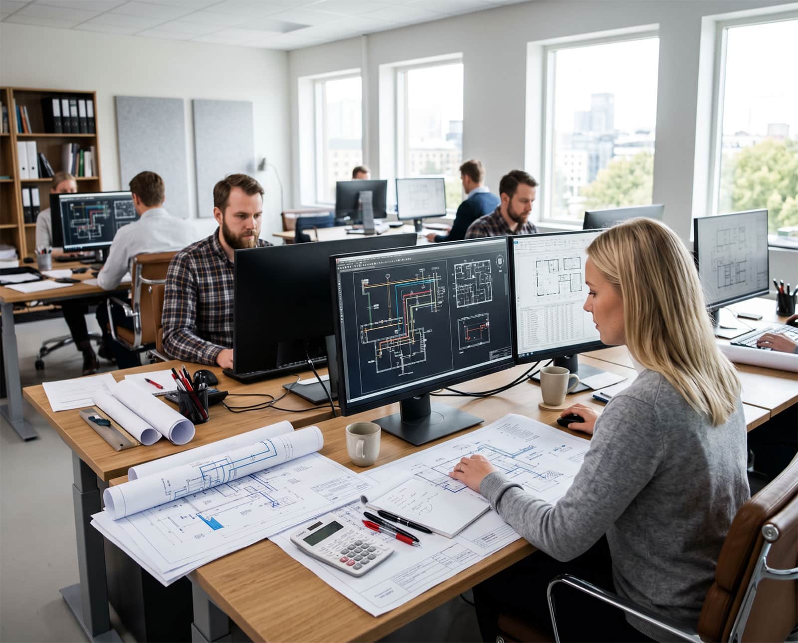 Människor som jobbar med VVS-ritningar och automatiserad mängdning för anbud och projektering