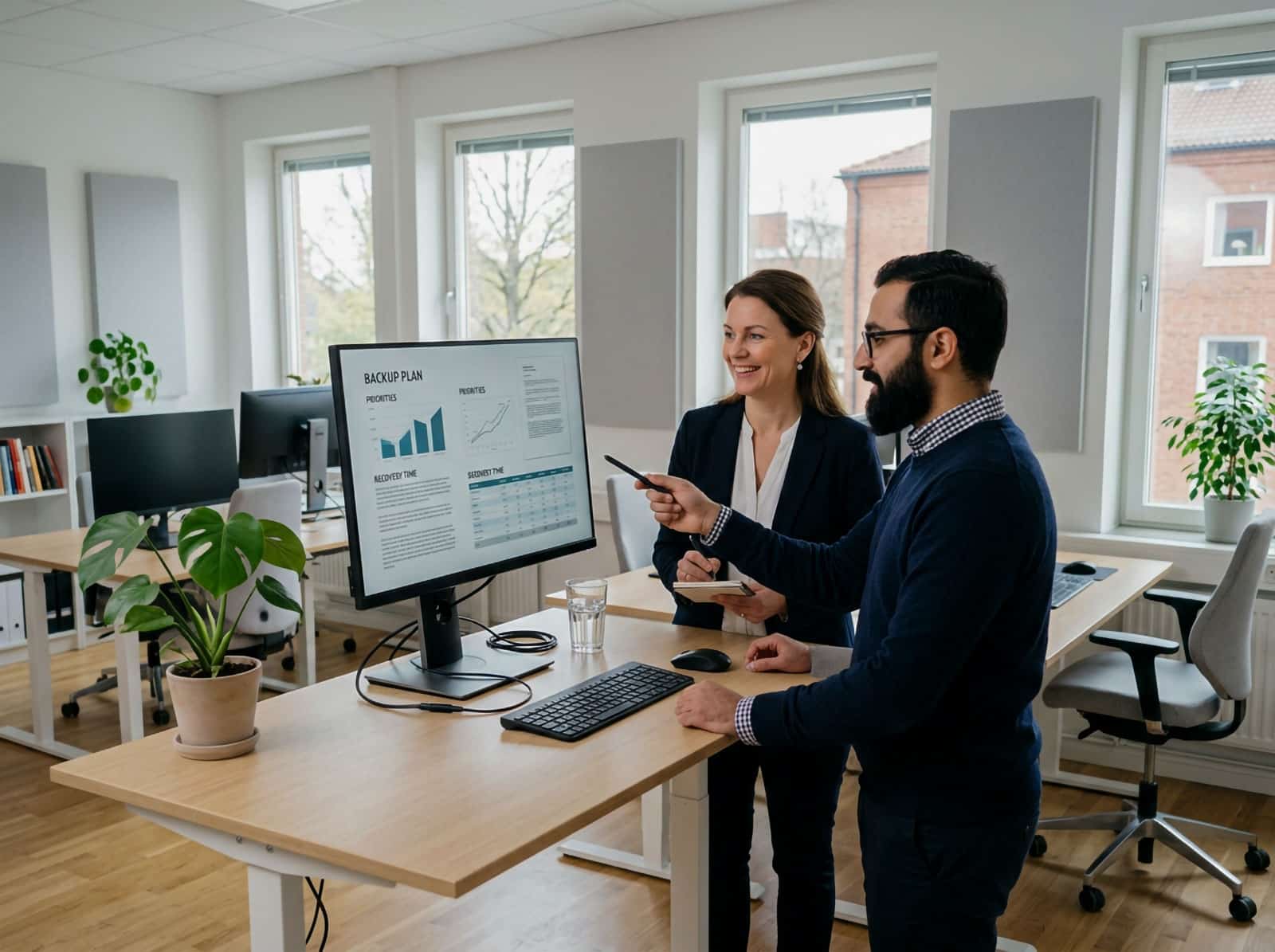 Två personer planerar backup- och återställningsrutiner på ett modernt svenskt kontor.
