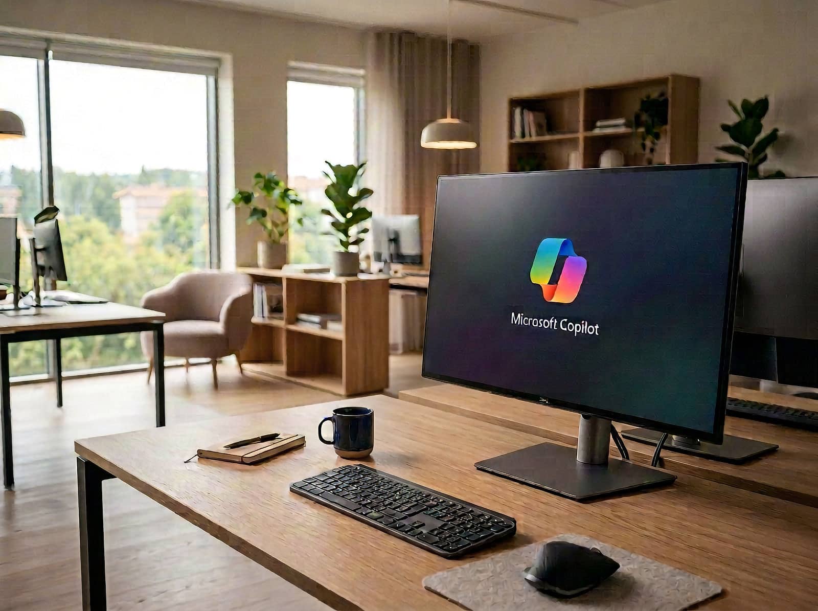 Datorskärm med Microsoft Copilot-logotyp i modern och lugn kontorsmiljö