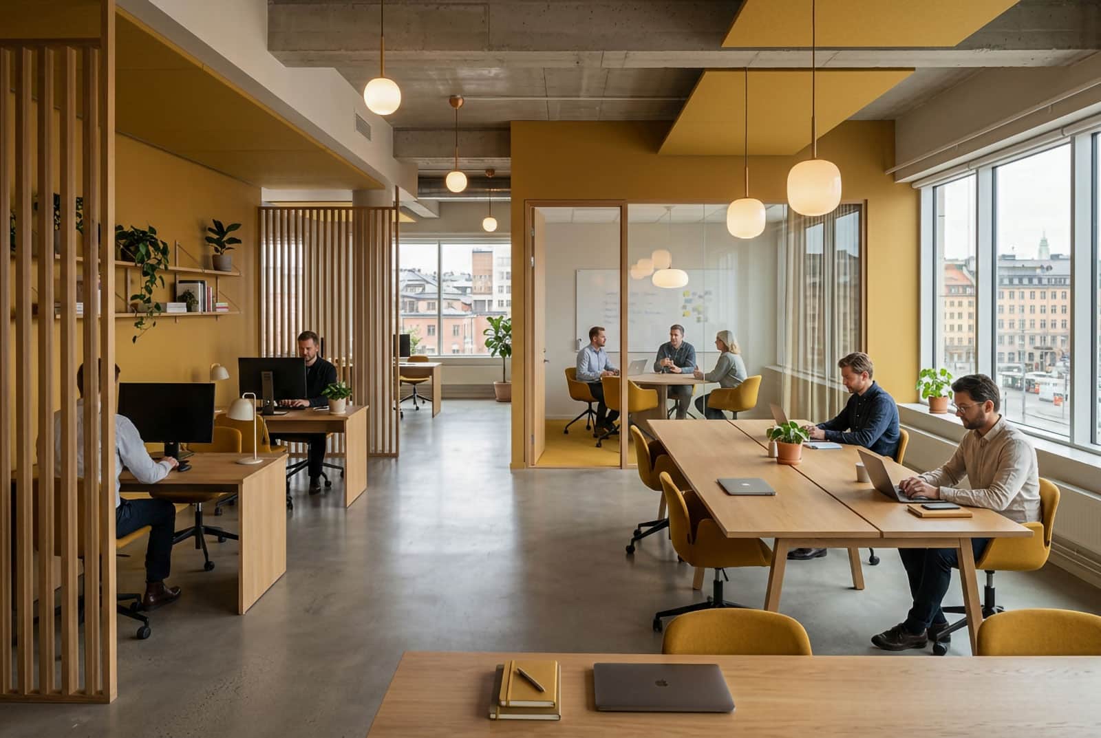 Modernt skandinaviskt kontor med tydligt avgränsade arbetsytor för olika team, vilket illustrerar en skalbar kommunikationslösning för växande företag.