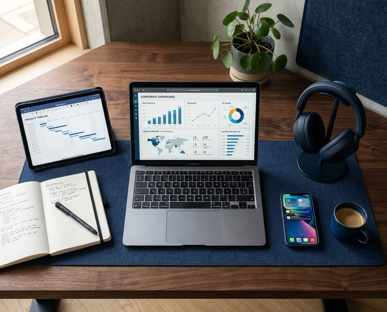 Laptop, mobil, surfplatta och anteckningsblock organiserade på ett mörkt skrivbord, fotograferade ovanifrån för att illustrera strukturerad enhetshantering och kontroll.