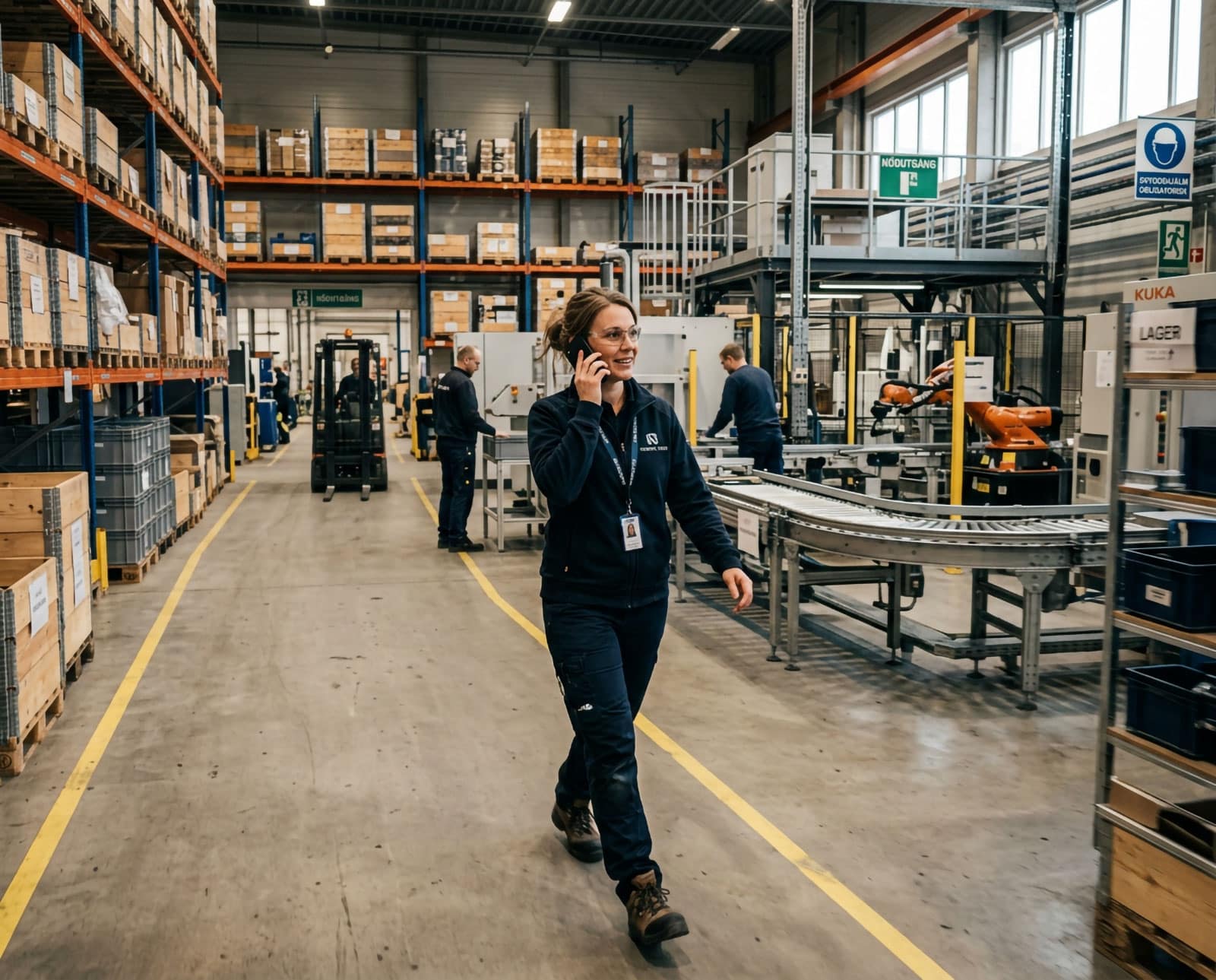 Tekniker går genom en industrilokal och använder en smartphone för kommunikation medan produktion och lagerverksamhet pågår i bakgrunden.
